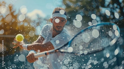side view of a powerful backhand stroke, sweat drops in air, shallow depth