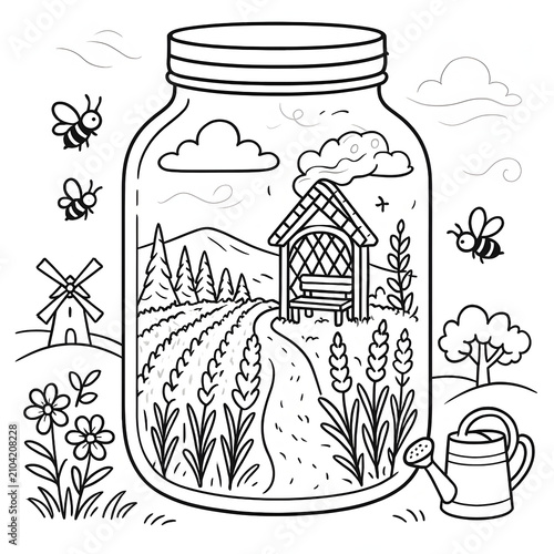 Whimsical Alpine Mountain in Jar Coloring Page