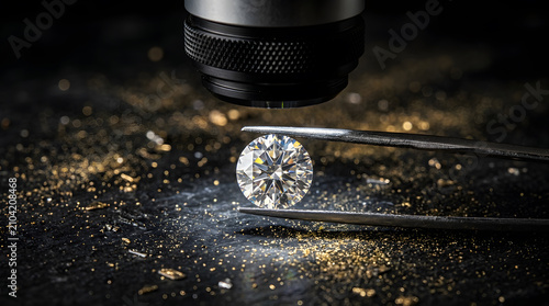 Diamond inspection under microscope | High quality brilliant cut gemstone | Jewelry appraisal and authentication process | Macro shot of sparkling diamond in tweezers