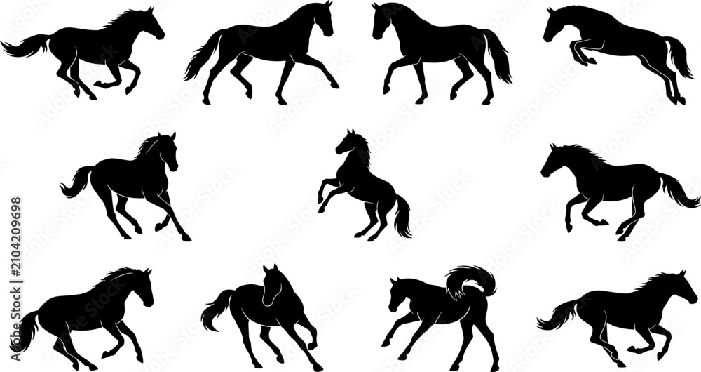 Fototapeta premium Silhouette collection of horses in motion including running, trotting, rearing, and jumping with dynamic equine poses