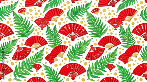 Red Handheld Fans and Ferns: A vibrant repeating pattern featuring bright red handheld fans interspersed with lush green fern fronds and scattered golden polka dots.