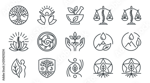 Foto Natural healing and esoteric symbol line icons.
