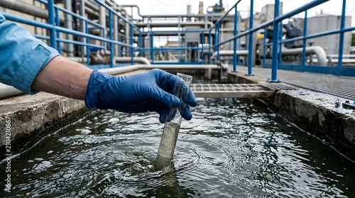industrial water quality testing procedures | wastewater treatment plant sampling | environmental technician collecting water sample | water pollution monitoring services