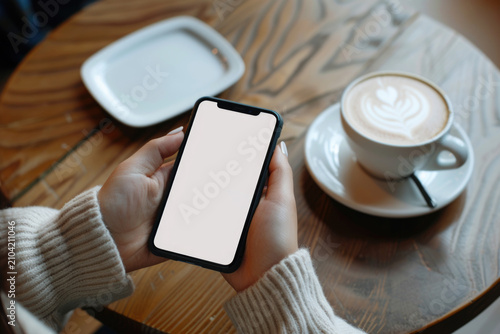 A woman holding smartphone with blank screen at coffee shop.