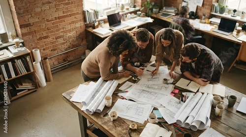 Architects examine technical blueprints at a large desk inside a busy office.