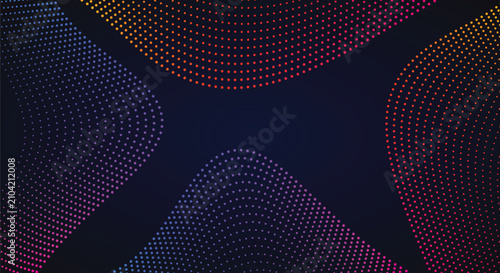 Dark digital background template featuring colorful neon dotted wave curves layout perfect for high computing network technology conceptual design
