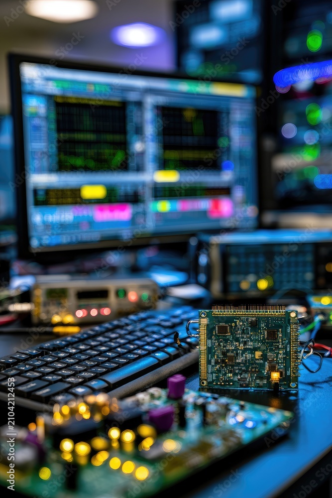 Fototapeta premium Capturing the Essence of Modern Electronics: A Dive into Circuitry and Data Analysis