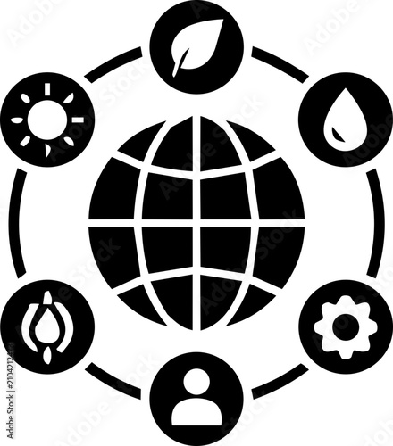 Global environmental sustainability concept icon with earth and surrounding ecosystem icons in clean minimalist black vector style