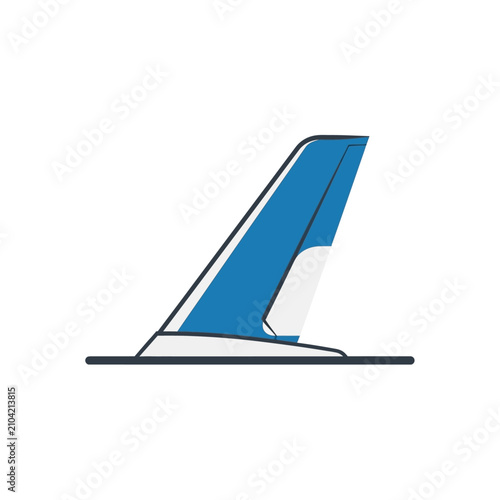 sleek blue airplane tail fin with white accents against white background