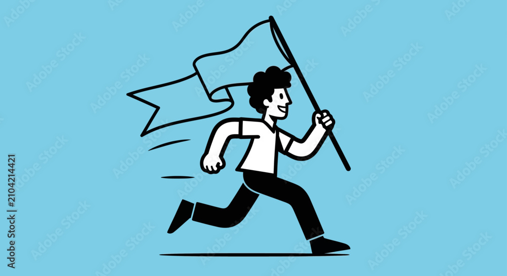 Fototapeta premium running man holding flag illustrating leadership achievement and success representing determination and progress toward goals.