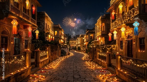 Festive street scene with colorful lanterns and fireworks at night