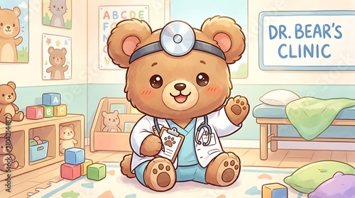 Dr. Bear's Clinic: A friendly teddy bear doctor sits in a brightly colored clinic, holding a clipboard and wearing a stethoscope, ready to tend to little patients.