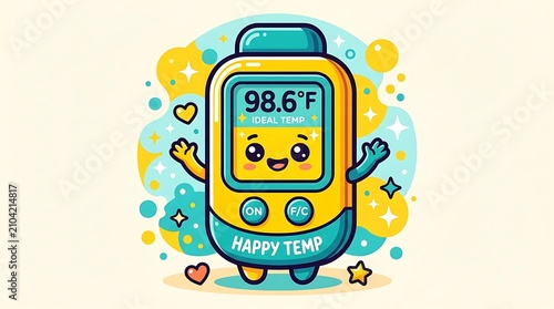 Happy Thermometer: A cheerful, anthropomorphic thermometer displaying 98.6°F smiles and waves, surrounded by colorful bubbles and stars, radiating a sense of health and well-being.