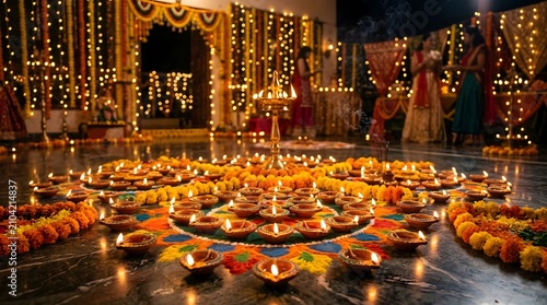 Traditional Indian Diwali Festival Decoration with Diyas and Marigold Flowers