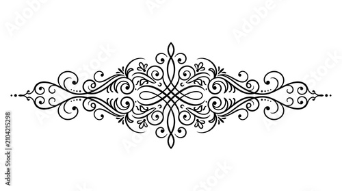 Ornate Flourish: An elegant, black, decorative flourish with intricate swirling patterns and delicate dot accents, symbolizing artistry and classic design.