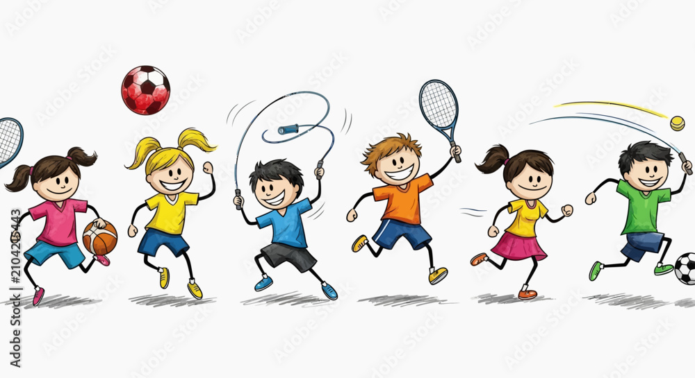 Fototapeta premium active children playing diverse sports with balls and jump ropes promoting healthy lifestyle and physical activity for kids.