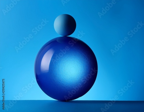 abstract blue sphere and flattened sphere balanced on light blue