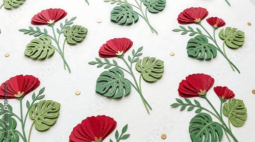 Floral Pattern Background: A delightful repeating pattern of vibrant red poppy flowers and lush green monstera leaves, adorned with delicate golden dots, creates a fresh and lively background.
