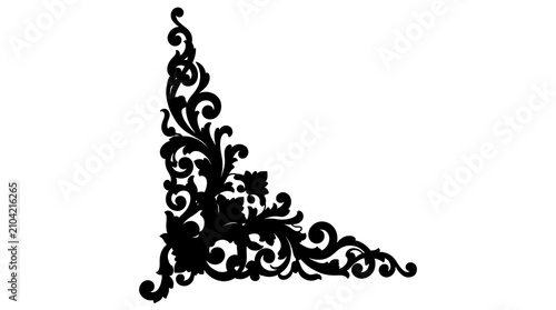 Ornate Corner Flourish: An intricate black ornamental flourish, perfect for adding an elegant touch to borders, invitations, or decorative designs.