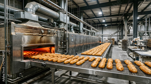 Industrial tunnel oven for commercial bakery | Fresh baked bread on conveyor belt | Large scale bread production factory | Professional bakery equipment for food processing