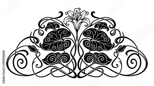 Art Nouveau Floral Ornament: An elegant black and white illustration in the Art Nouveau style, featuring stylized lily flowers, swirling leaves, and decorative scrollwork.