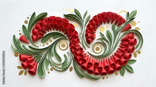 Symmetrical Quilling Art: Intricate red and green quilled paper flowers and leaves form a decorative, symmetrical pattern with golden accents, showcasing delicate craftsmanship.