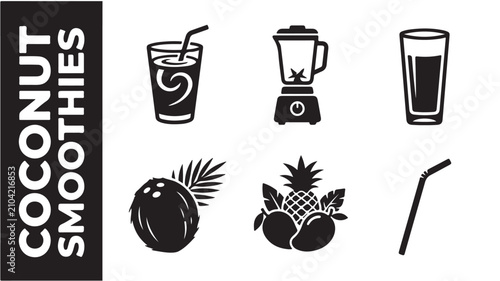 Coconut smoothies icons set with blender and fruit illustrations on white background
