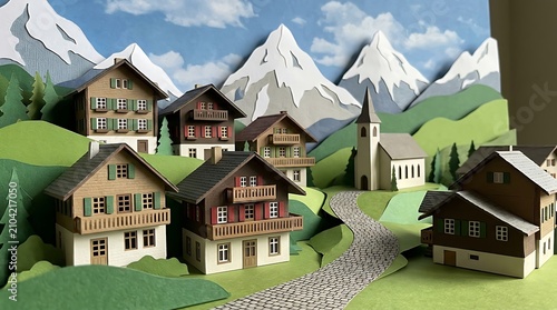 Alpine Village Diorama: A charming handcrafted diorama depicts a quaint alpine village nestled amongst rolling green hills and majestic snow-capped mountains.