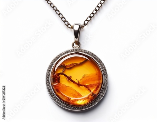 circular amber pendant necklace with metal framing and chain isolate white background