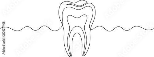 Continuous one line drawing of a human tooth icon with roots isolated on white background for dental clinic logo