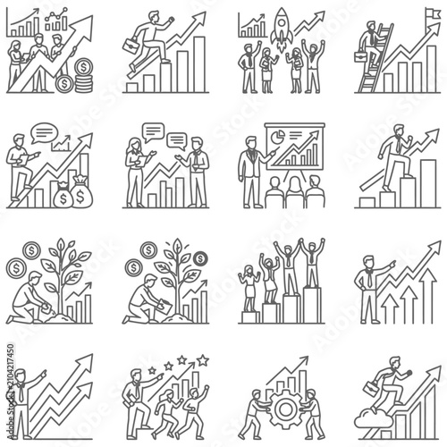 diverse people business investment success icons illustrating growth financial gains teamwork and career progress.