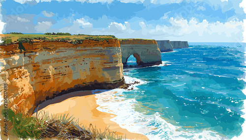 Konstfotografi A stunning digital painting captures the dramatic coastal cliffs and turquoise waters of a scenic ocean landscape