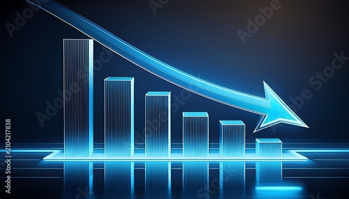 blue bar graph depicts a downward trend with an arrow indicating decline