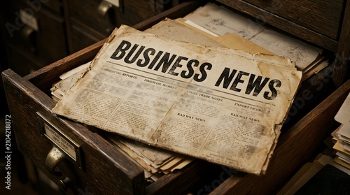 Vintage newspaper with business news in a wooden filing cabinet