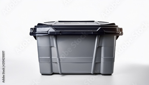large gray wheeled bin with black lid against a white background