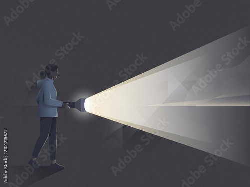 Woman Holding Flashlight Shining Light Through Darkness Illustration