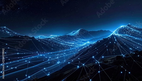 Futuristic blue mesh topography and digital mountains.