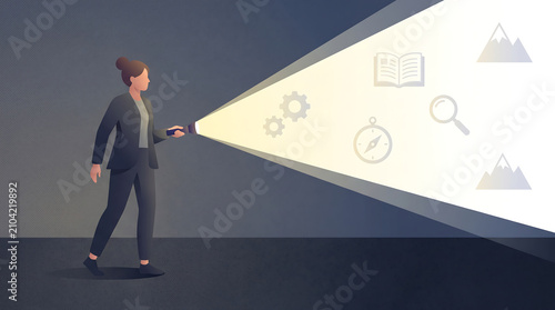 Woman Holding Flashlight Shining Light Through Darkness Illustration