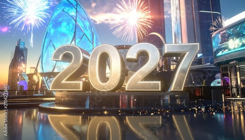 Futuristic city 2027 silver numbers with fireworks