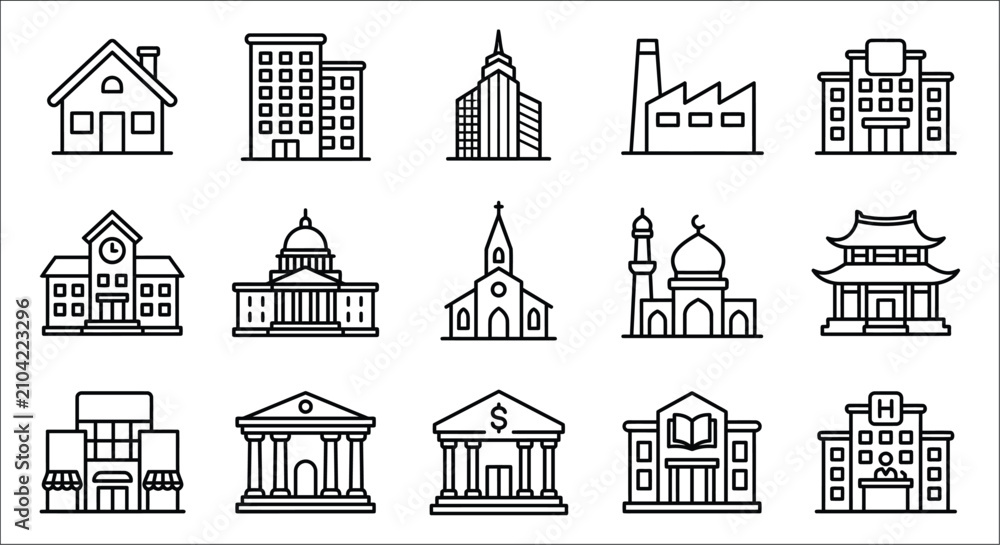 Fototapeta premium Building Icons Collection Line Art Style On White Background architecture structures edifice residence skyscraper tower