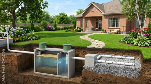 Residential septic system installation cross-section | Underground septic tank and leach field diagram | Home wastewater treatment system backyard illustration | Modern septic tank design