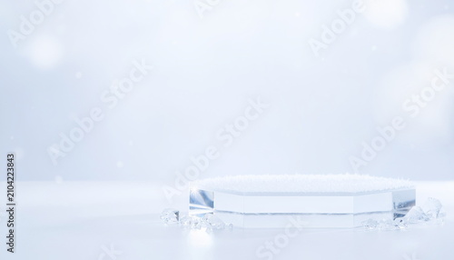 Hexagonal crystal podium on clear light blue winter background 清潔感のある水色グラデーションの冬をイメージした六角形クリスタルステージ背景素材