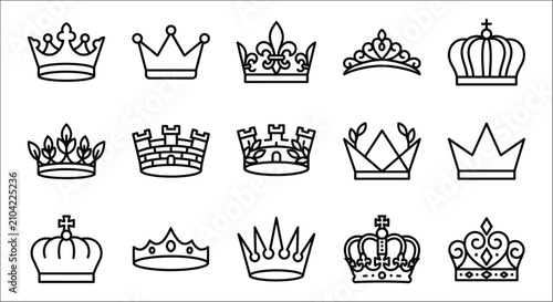 Schilderij op canvas Collection Of Crown Line Icons On White Background Regal Headwear Symbols And Em
