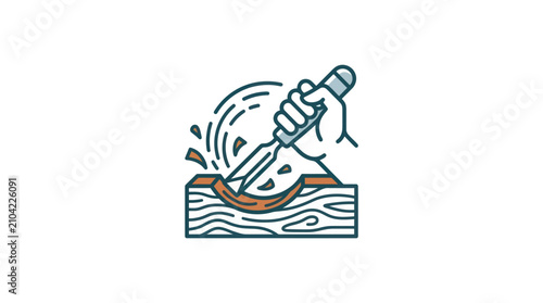 Tableau sur toile Hand holding knife cutting wood block.