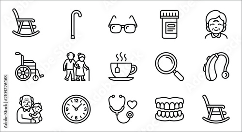 Assorted senior care icons line style on a white background depicting health and assistance accessibility
