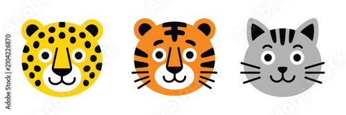 Canvas Print Cute wild animal face illustration featuring cartoon leopard, tiger and cat char