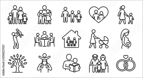 Tableau sur toile Family related Line Icons Collection Depicting Relationships And Domestic Scenes