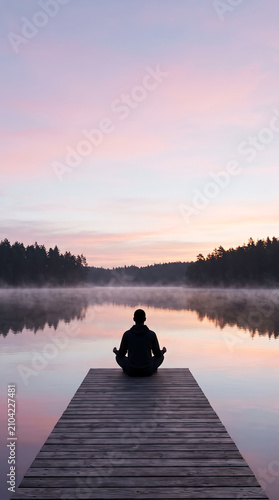 Mental health 9:16 banner, silhouette on misty lake pier at dawn, pastel pink lavender sky reflection, pine forest far shore, upper text space