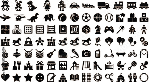 Children toys and kindergarten glyph icon set featuring childhood playground games nursery amusement entertainment and vector elements
