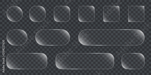 Light glass box frame with neon effect for square ux icon. 3D liquid glass buttons. Box with glassmorphism effect and reflection. Glitch abstract background glossy border ui shape design set